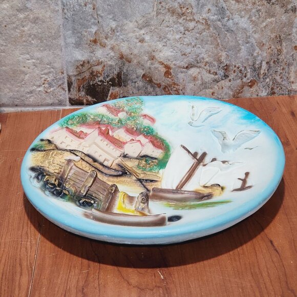 Vintage Chalkware Plaster Plaques 3D Wall Hanging Plate Seaside Seagulls Houses - Picture 9 of 11